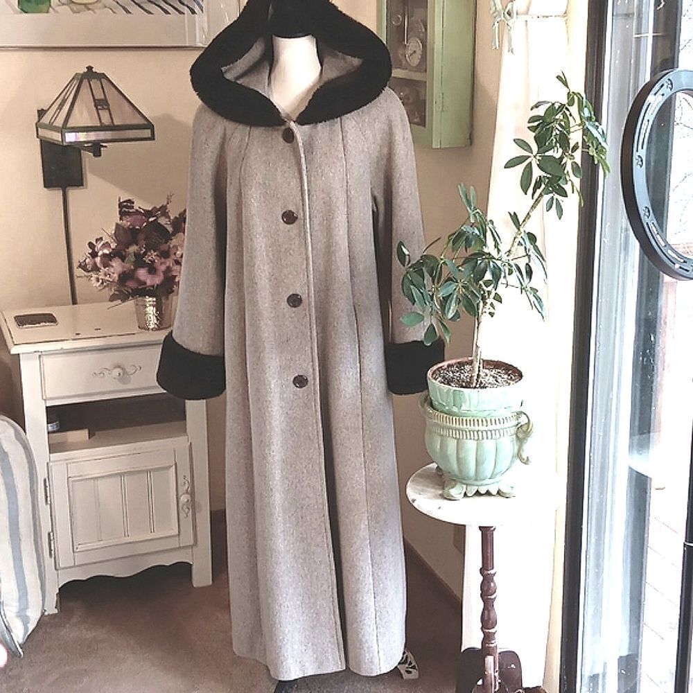 Vintage Alorna Maxi Length Hooded Coat. Retro,  Maxi Length,  Faux Fur Trim